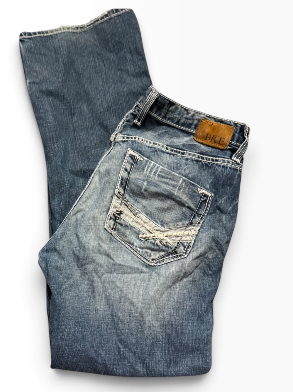 BKE Men's Faded Blue Bootcut Jeans with Leather Patch